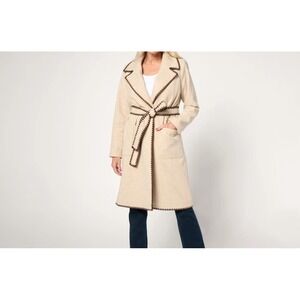 BEAUTIFUL by Lawrence Zarian Womens Petites PM Beige Belted Lined Coat Pockets
